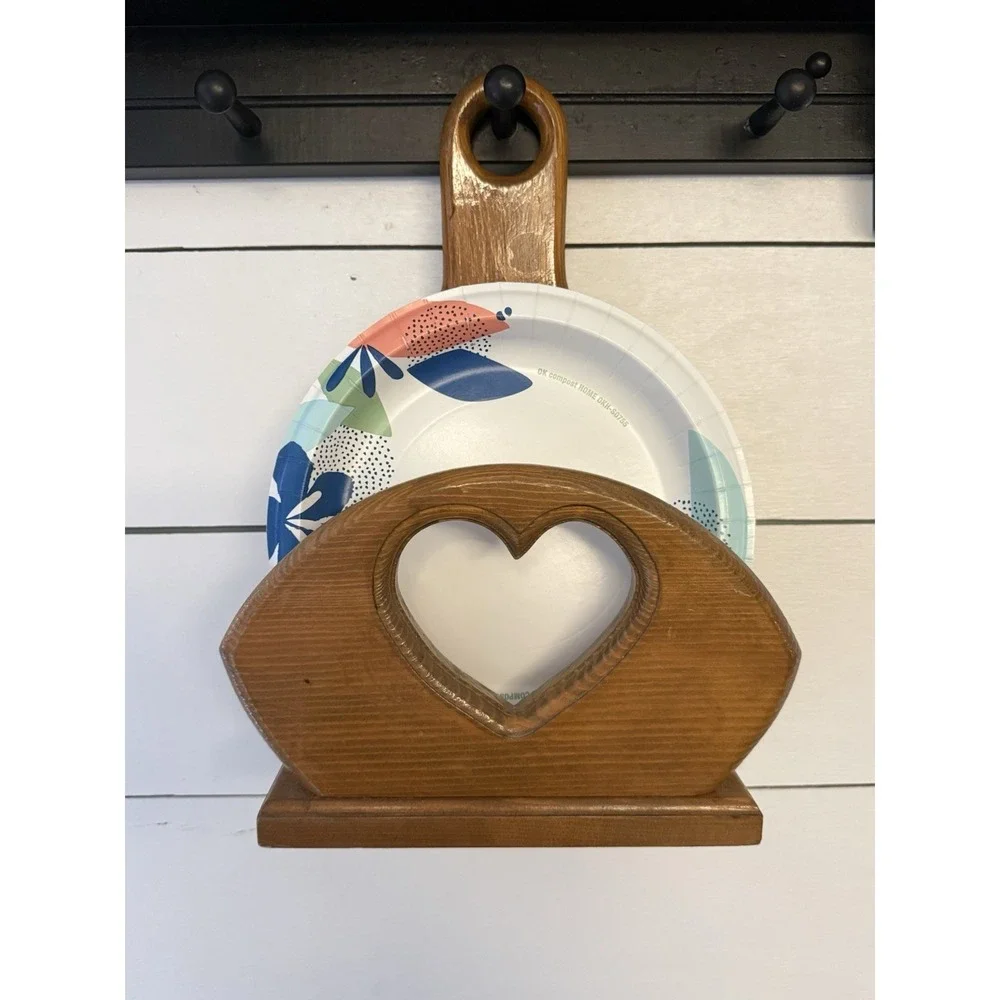 Vintage Wood Paper Plate Napkin Holder Heart Cut Out Hanging or Countertop